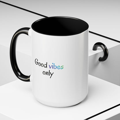 Printify Good Vibes Only accent coffee mug with positive inspirational message, ideal for morning tea or coffee.