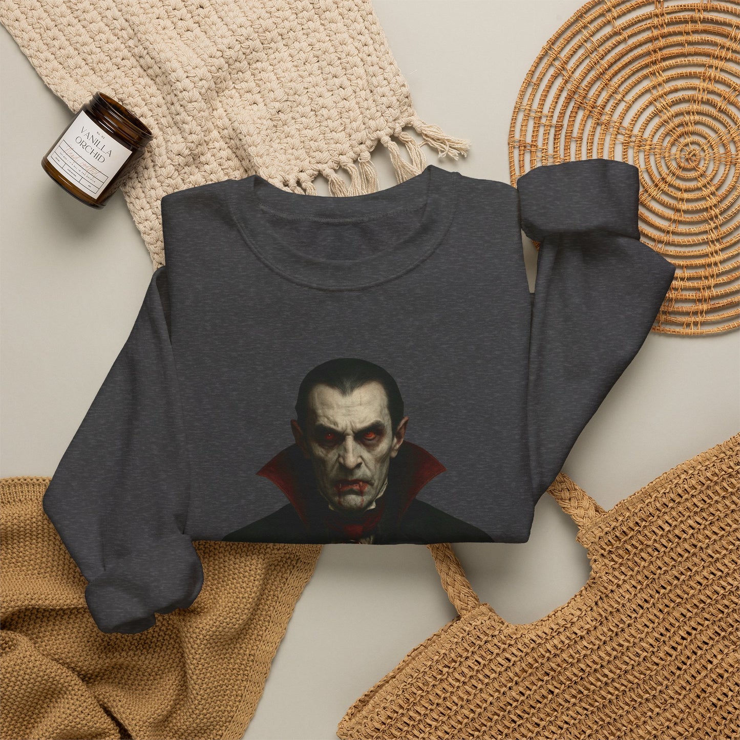 Vampire portrait crewneck sweatshirt by Printify featuring a dark, artistic vampire design on a comfortable knit sweatshirt.