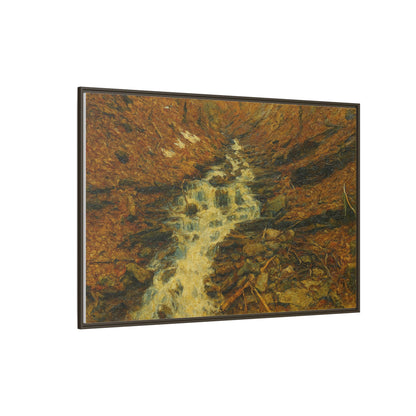 Framed matte canvas print of autumn stream landscape artwork by Printify, featuring vibrant fall colors and serene nature scene.