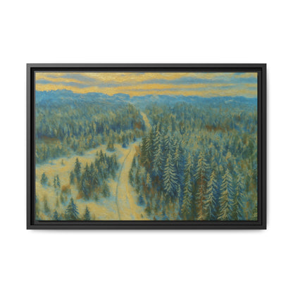 Framed matte canvas print of a serene winter forest landscape by Printify, showcasing snow-covered trees and peaceful scenery.