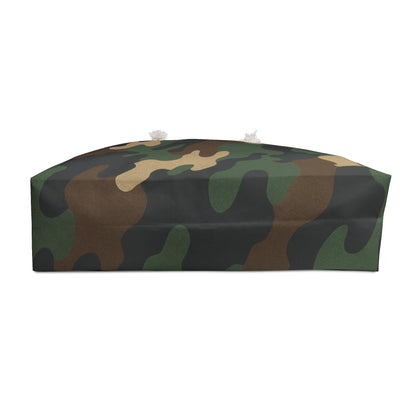 Military green camo weekender bag by Printify, durable travel tote for weekend getaways and casual trips.