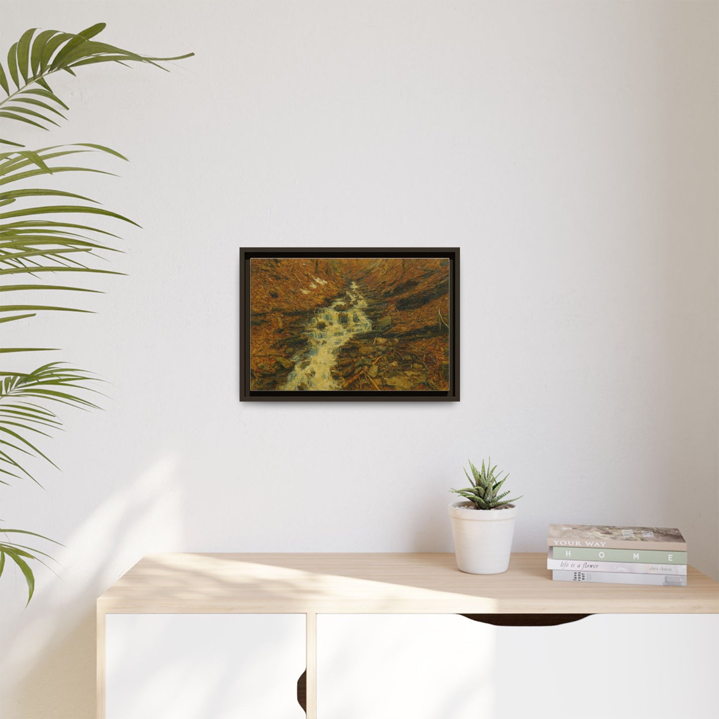 Framed matte canvas print of autumn stream landscape artwork by Printify, featuring vibrant fall colors and tranquil water scene.