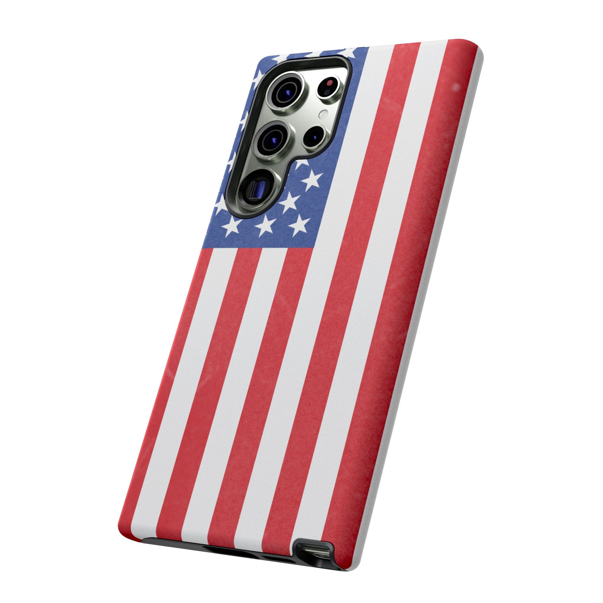 American flag tough phone case for iPhone and Samsung, patriotic protective cover with bold flag design by Printify.