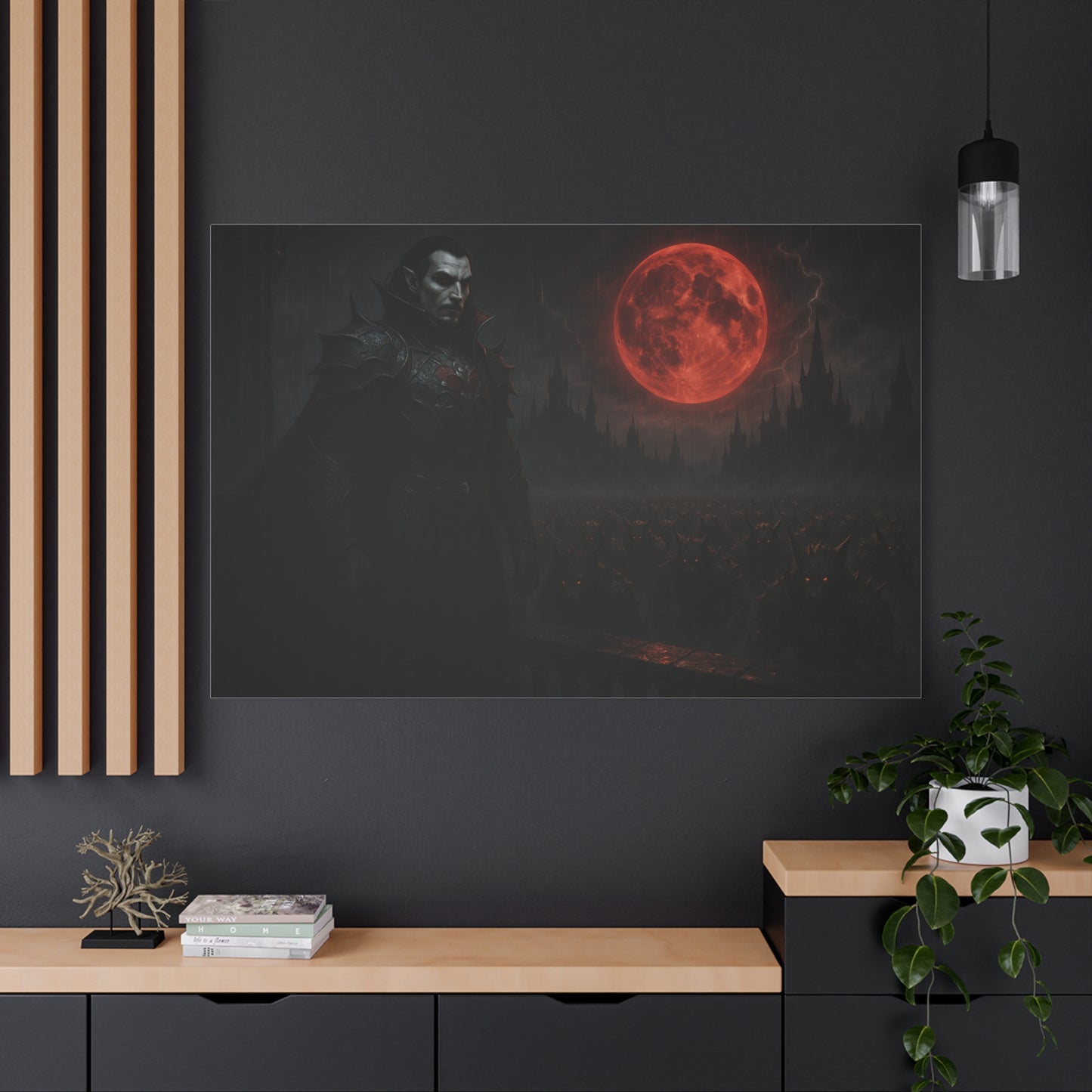 Red moon vampire lord matte canvas print featuring a dark, gothic vampire design on high-quality canvas by Printify.