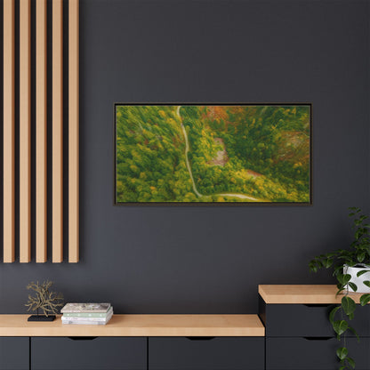 Colorful framed canvas wall art featuring an aerial forest path landscape by Printify, perfect for nature-inspired home decor.