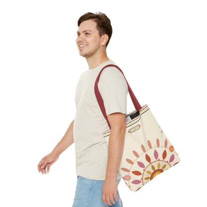 Boho floral mandala tote bag with pastel sunburst pattern, featuring a colorful, artistic design perfect for casual and beach outings.