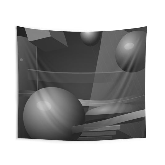 Abstract 3D geometry tapestry featuring monochrome floating spheres, wall art designed for modern interior decor.