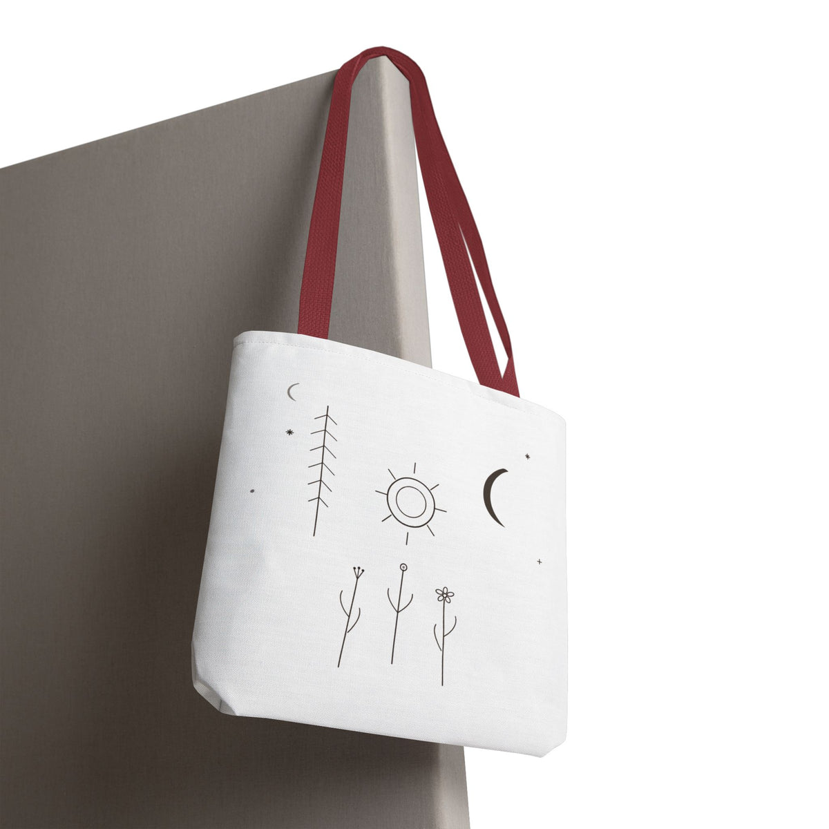 Minimal moon and sun botanical tote bag featuring celestial line art design, crafted by Printify.