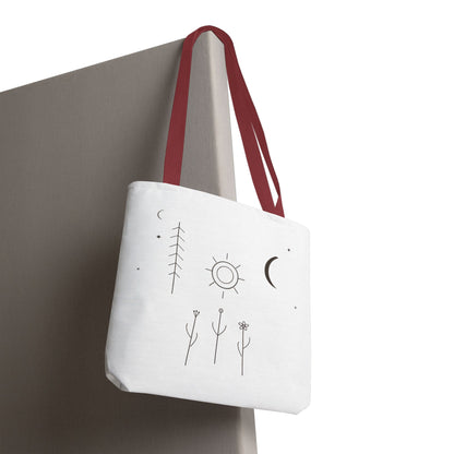 Minimal moon and sun botanical tote bag featuring celestial line art design, crafted by Printify.