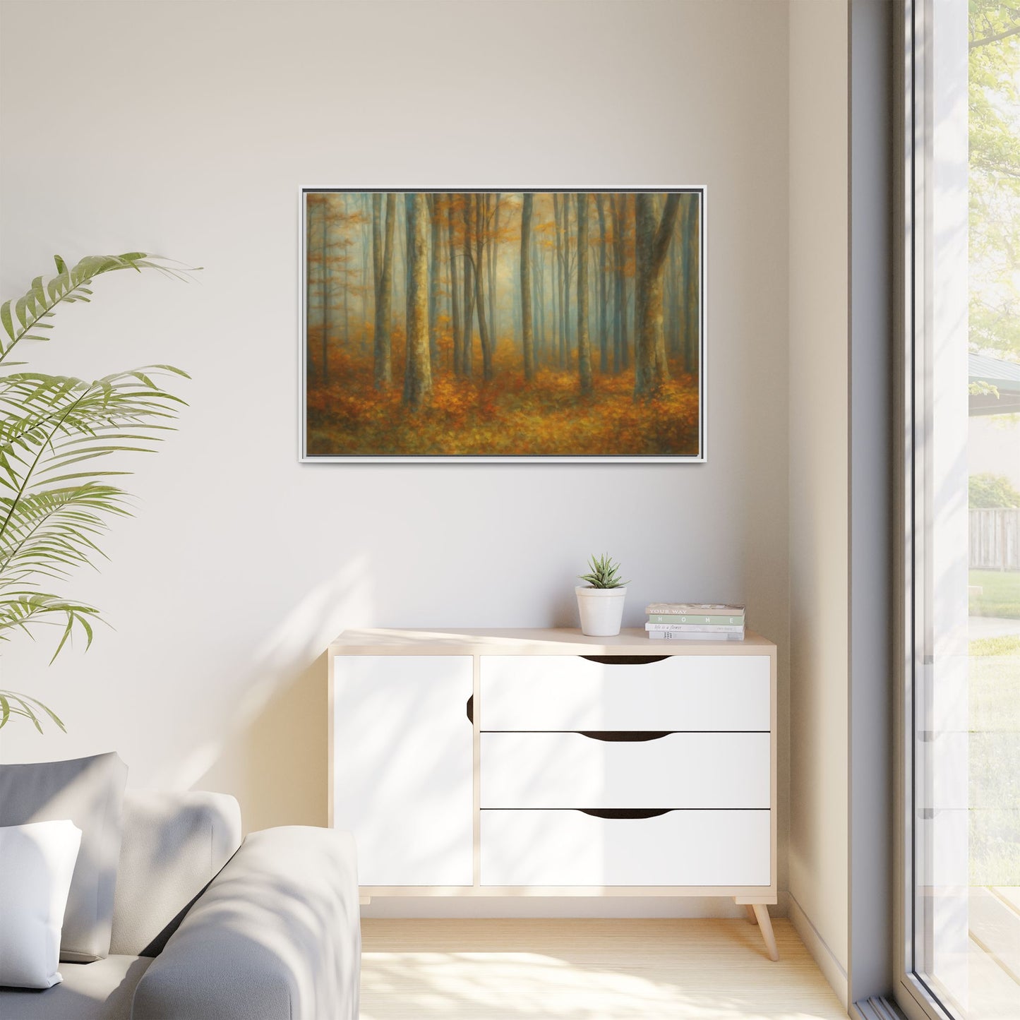 Framed autumn forest canvas print featuring misty woodland scenery, wall art by Printify with vibrant fall colors and natural landscape.