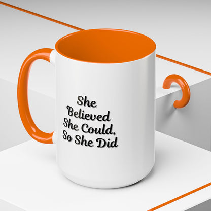 Motivational coffee mug with the quote "She Believed She Could, So She Did" printed on a ceramic mug by Printify.