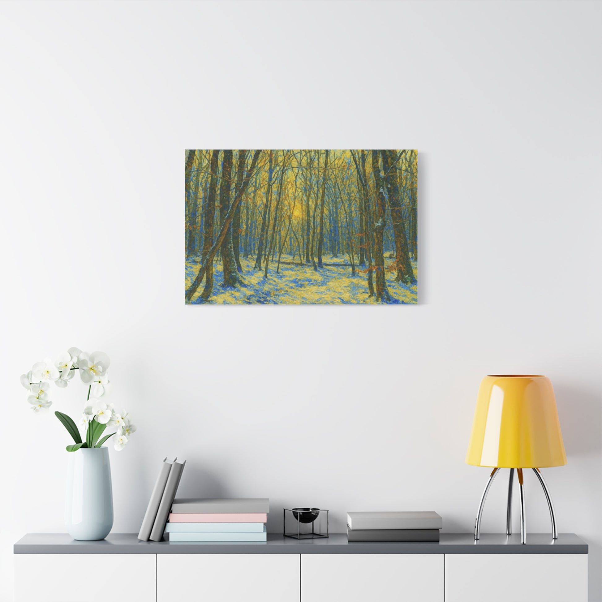 Winter woodland forest sunlight canvas print by Printify, matte stretched art showing a serene winter forest scene.