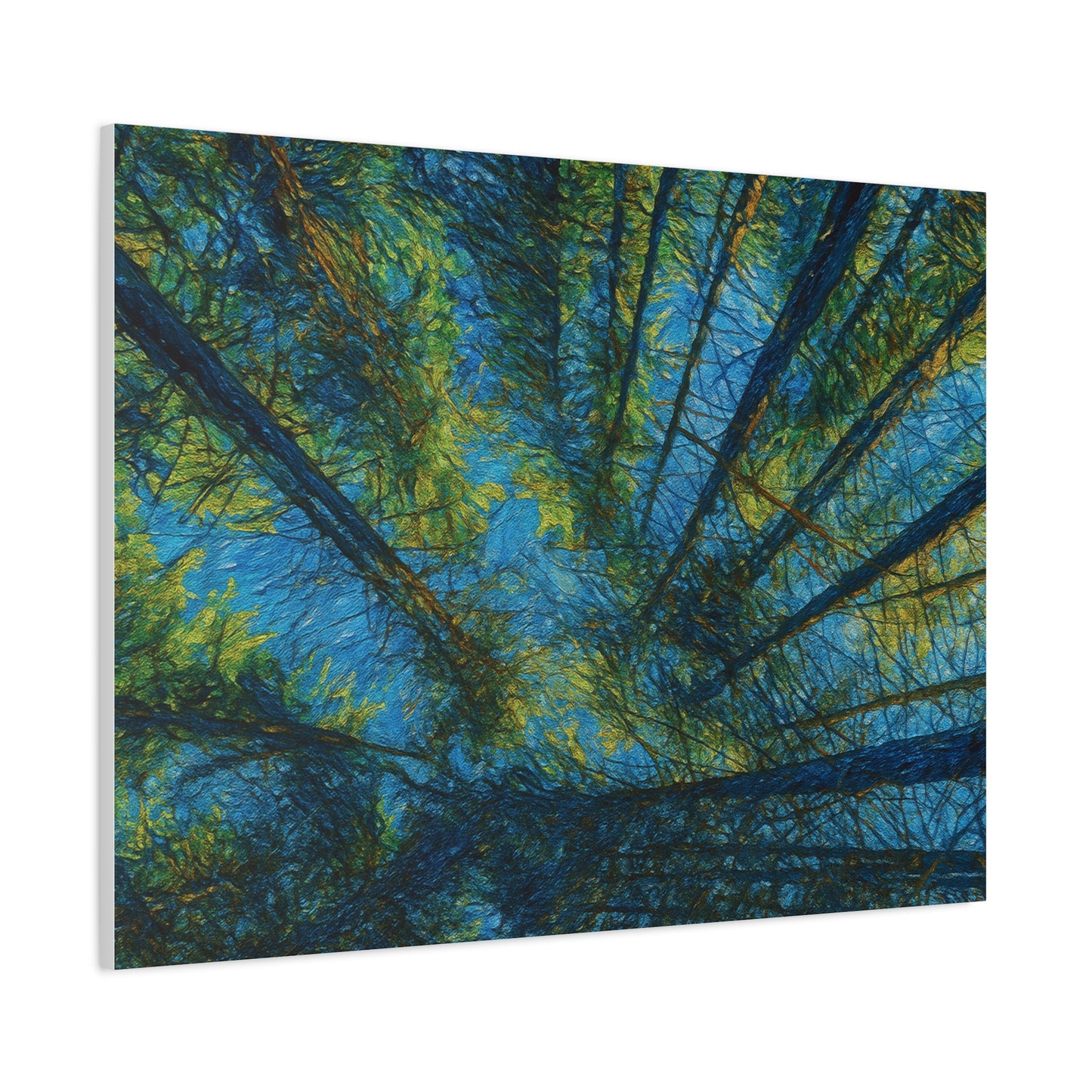 Forest Canopy Matte Canvas Wall Art — Upward View of Trees, Blue & Green Nature Print