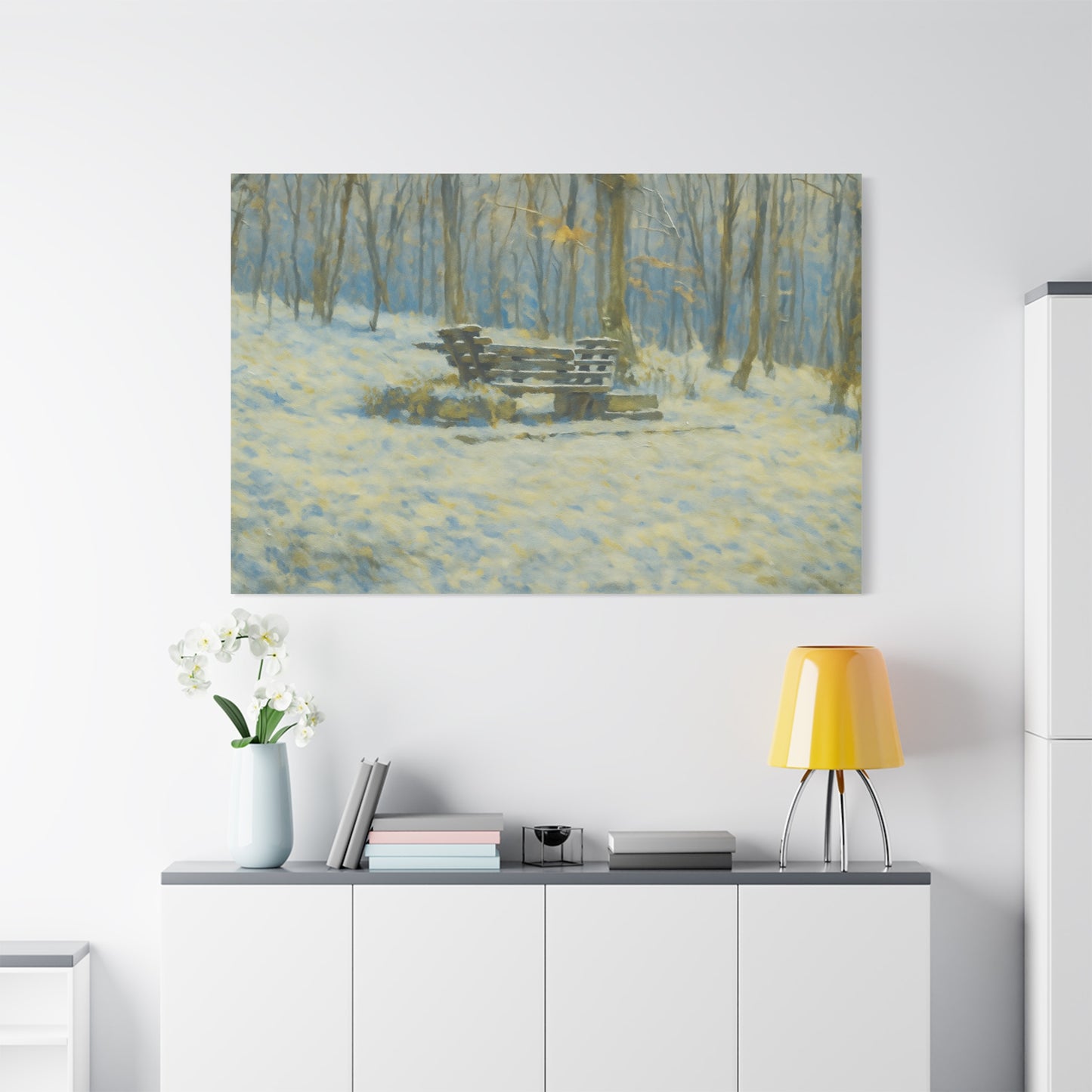 Snowy park bench matte canvas print featuring winter woodland scene, stretched 1.25 inches, ideal for winter wall decor.