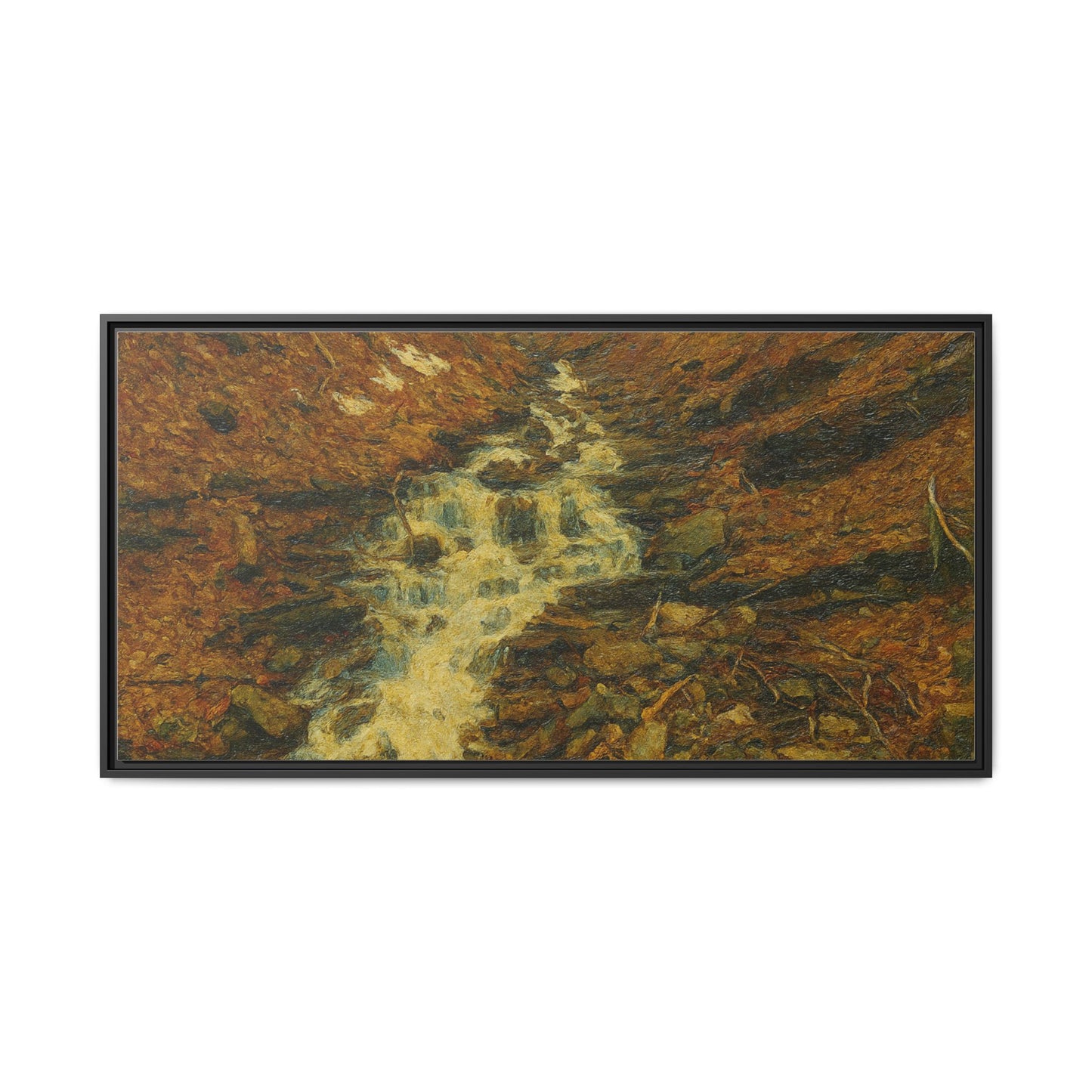 Framed matte canvas print of autumn stream landscape artwork by Printify, featuring colorful fall trees and flowing water scene.
