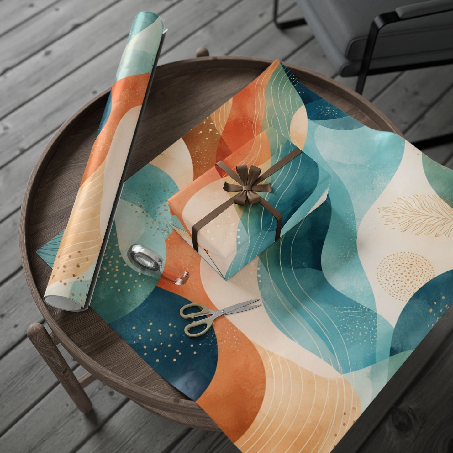 Abstract Wave Wrapping Paper Roll — Teal & Coral Modern Gift Wrap