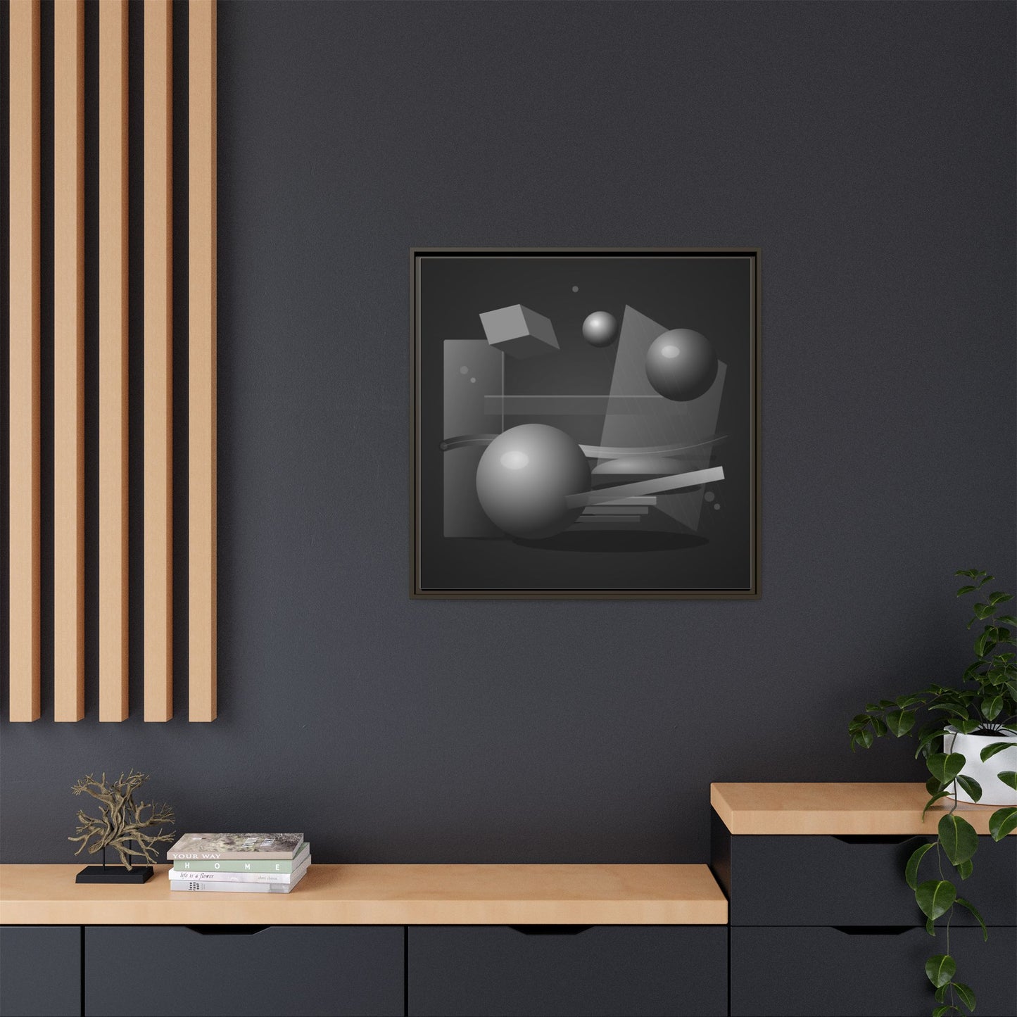 Monochrome Geometric Spheres Canvas Framed Wall Art | Matte Print