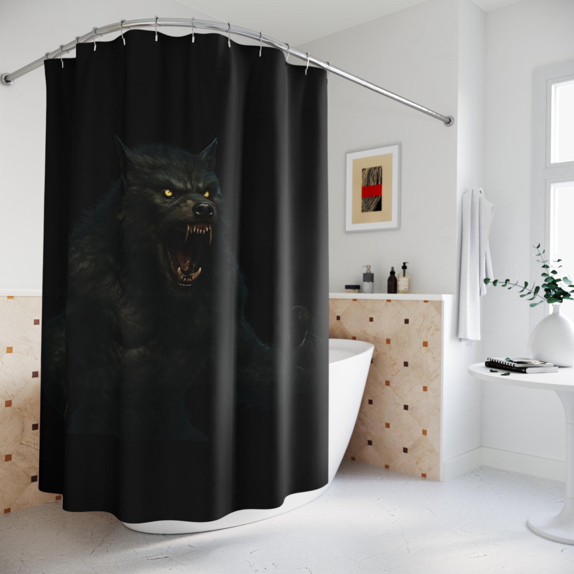 Gothic werewolf-themed shower curtain with moonlit night design, ideal for unique bathroom decor.