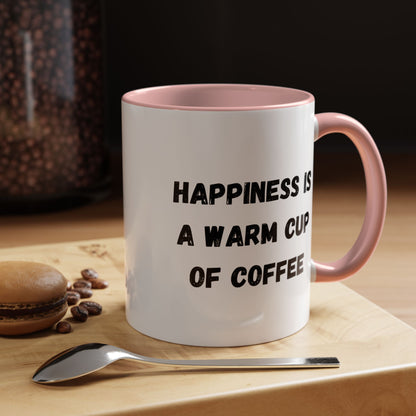 Printify ceramic coffee mug with "Happiness Is A Warm Cup Of Coffee" quote, white background, close-up view.