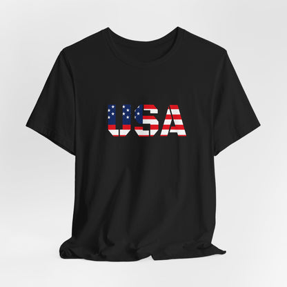 USA flag text T-shirt by Printify featuring patriotic design for Fourth of July, casual tee with stars and stripes print.