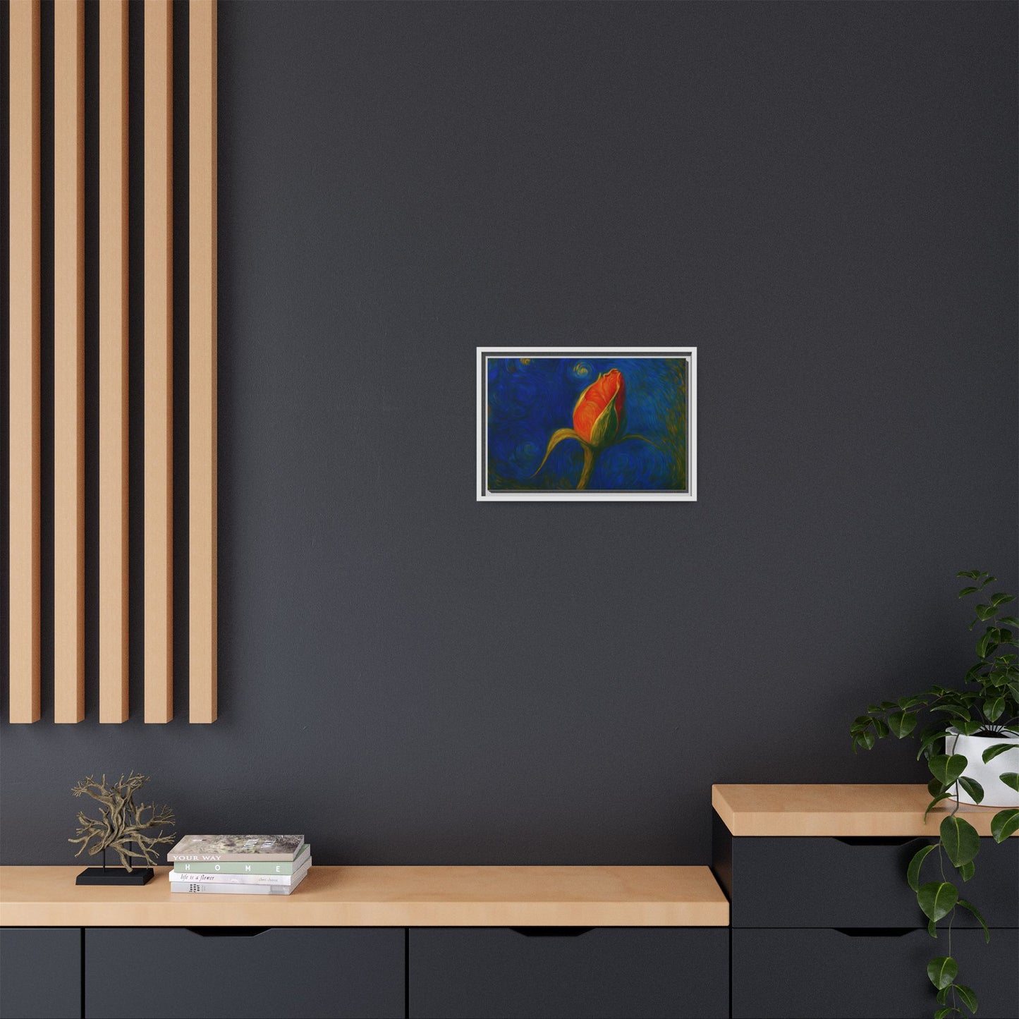 Red rose bud painting on framed canvas wall art by Printify, featuring vibrant red roses in a matte floral design.