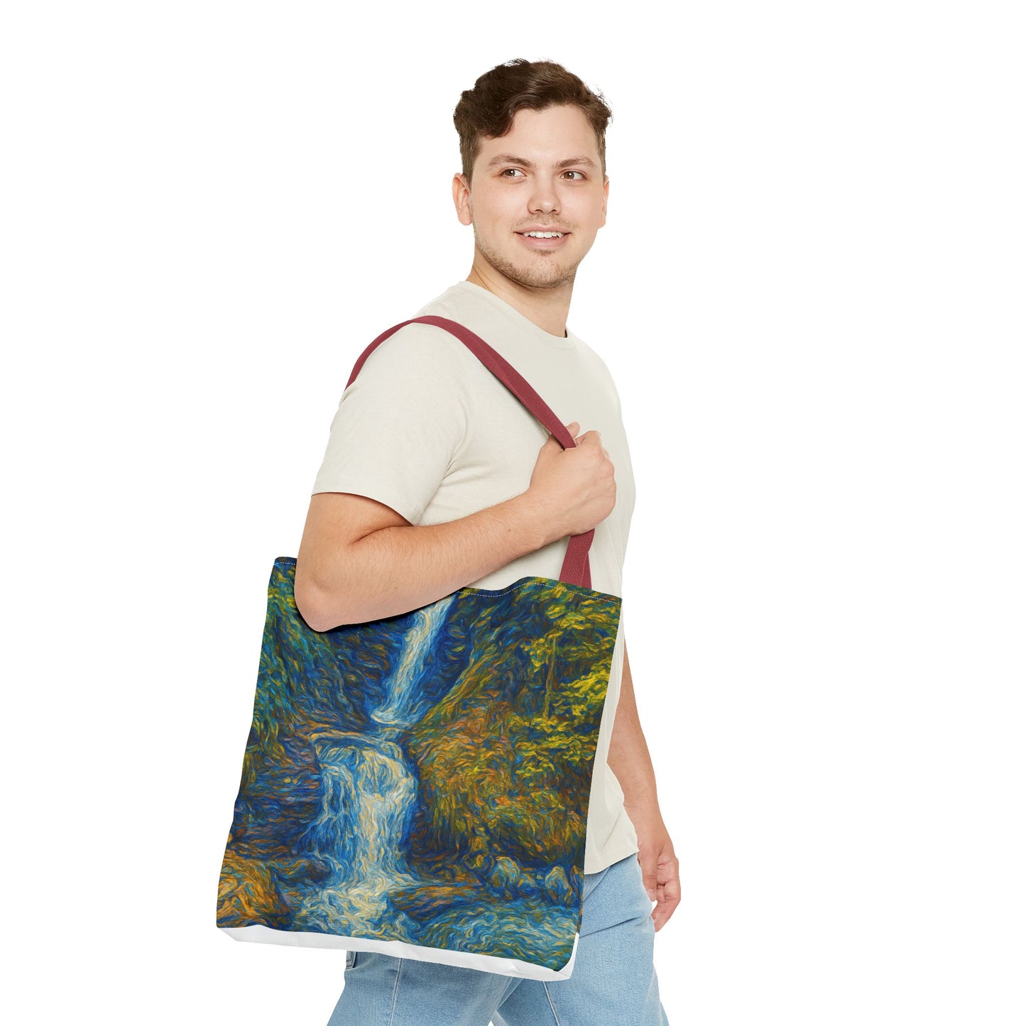 Nature-Inspired Tote Bag, Artistic Eco-Friendly Shopper, Waterfall Design, Reusable Market Bag, Gift for Nature Lovers - TRV