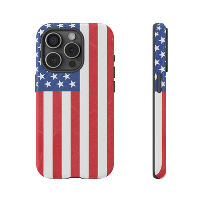 American flag tough phone case for iPhone and Samsung, patriotic protective cover with bold flag design, durable and stylish.