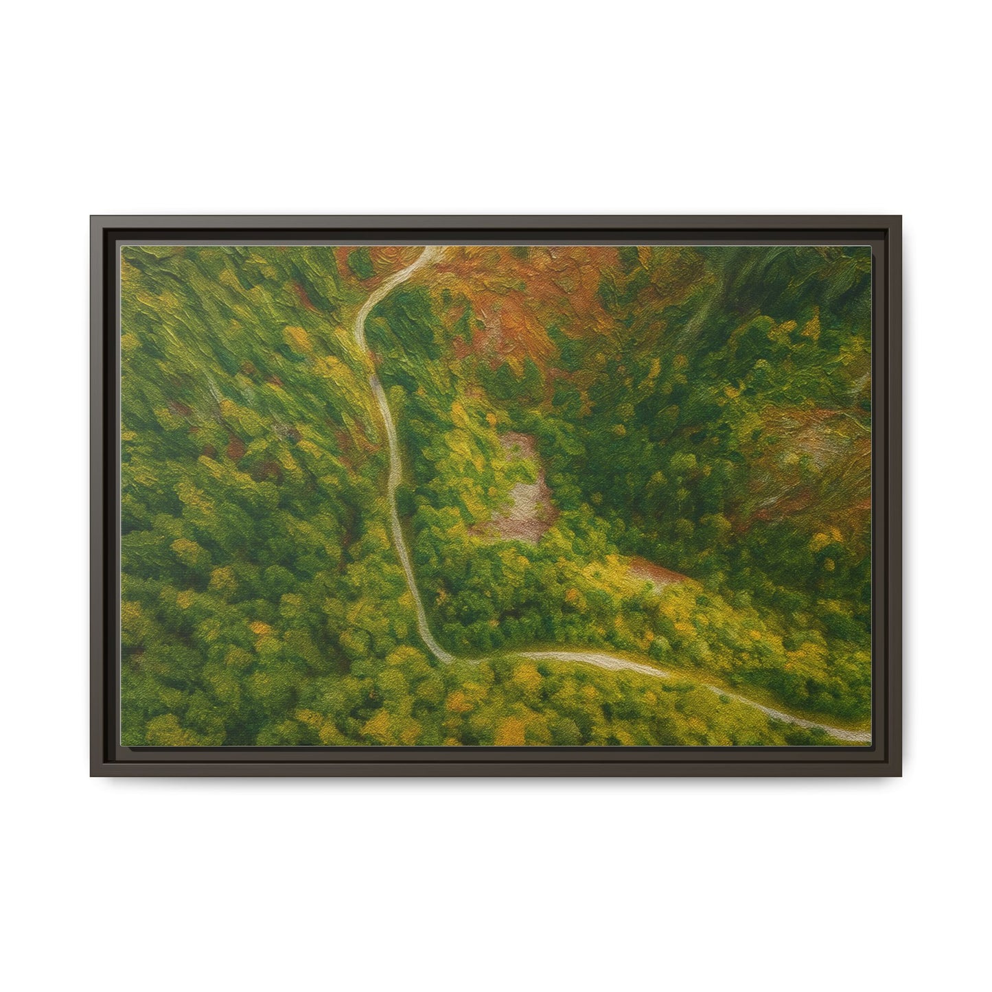 Colorful framed canvas wall art featuring a forest path aerial landscape by Printify, ideal for modern home decor.