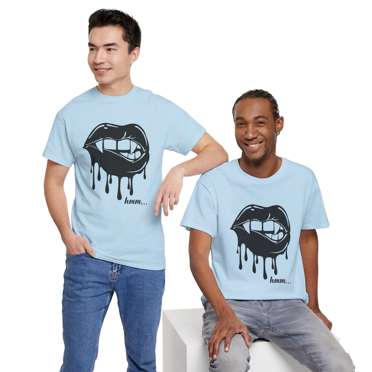 Black graphic T-shirt with dripping lips and "hmm..." bite design, featuring bold print on the front.