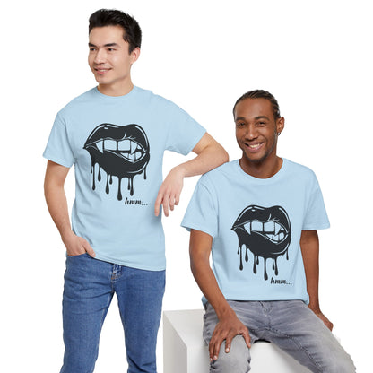 Black graphic T-shirt with dripping lips and "hmm..." bite design, featuring bold print on the front.