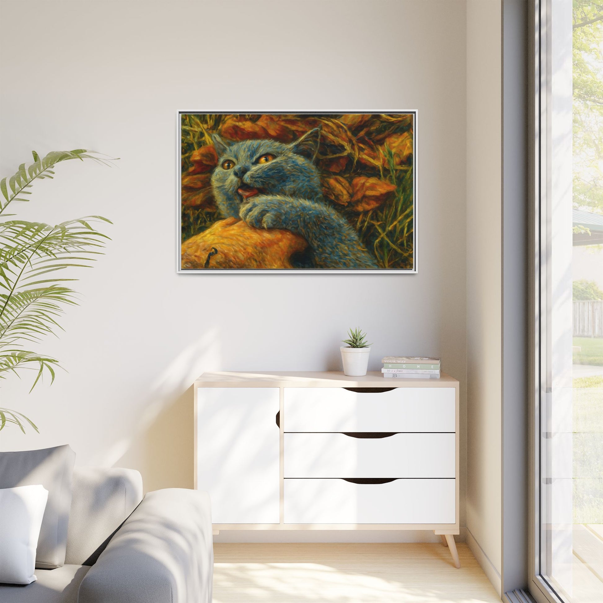 Blue cat canvas print featuring whimsical wall art, perfect for cat lovers, by Printify.