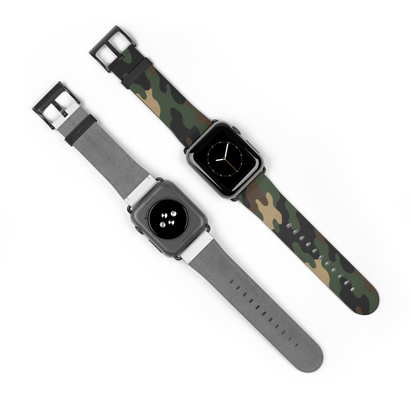 Green camouflage silicone Apple Watch band by Printify, durable accessories strap with a stylish camo pattern.