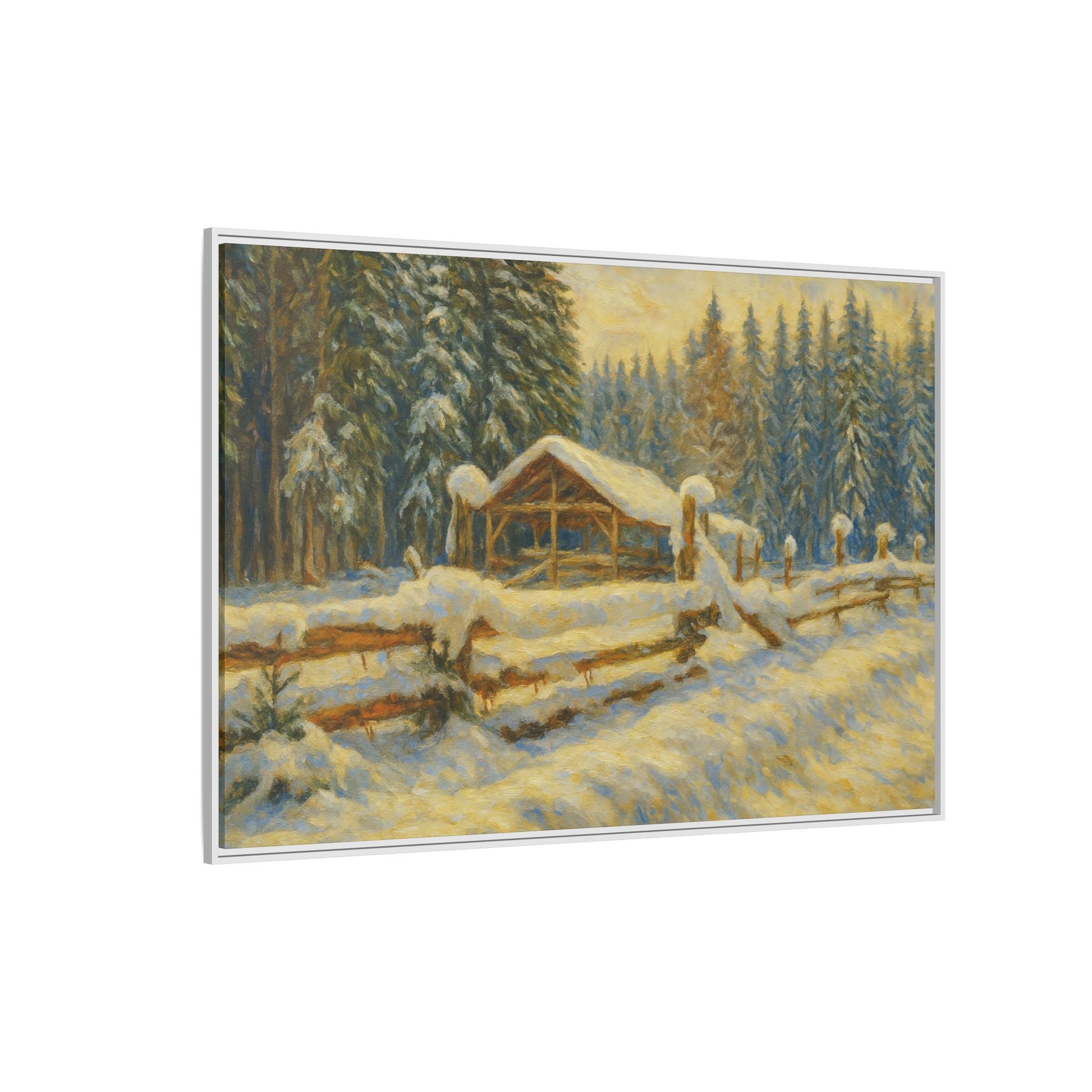 Snowy cabin winter landscape canvas wall art by Printify, featuring a cozy cabin scene in a matte framed winter painting.