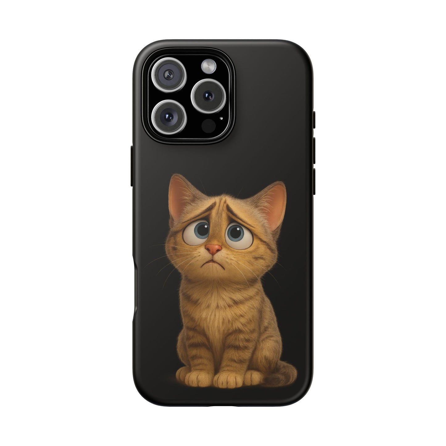 Cute sad kitty print phone case for iPhone, protective design with a sad cat illustration by Printify.