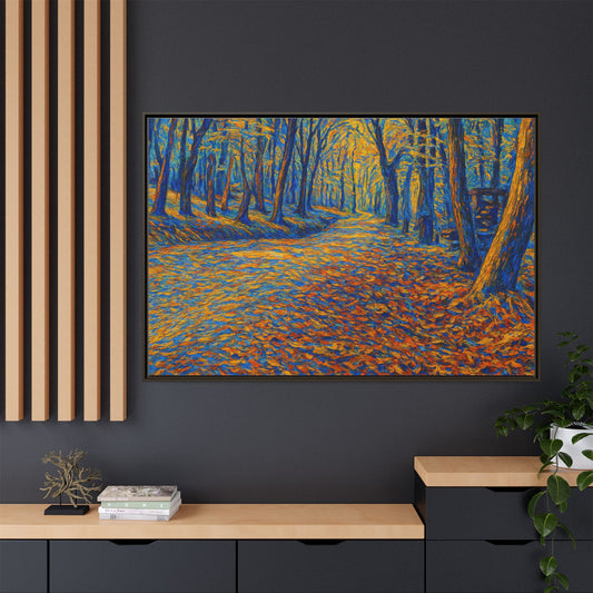 Autumn woodland matte canvas print featuring multicolor landscape wall art framed for home decor by Printify.