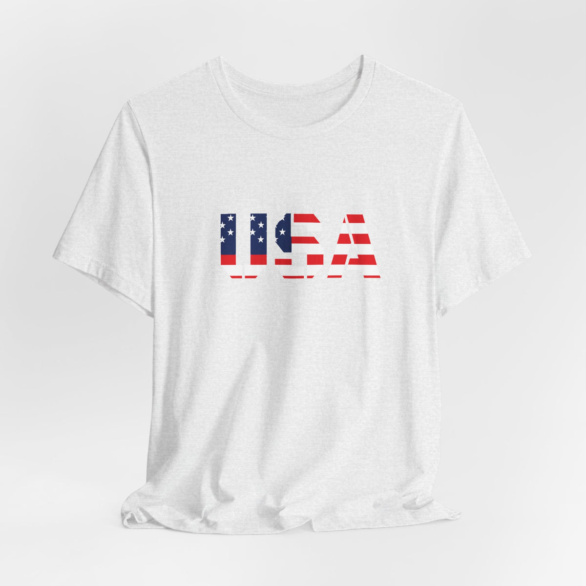 USA flag text T-shirt by Printify featuring patriotic Fourth of July design, with a classic fit and bold flag graphic.