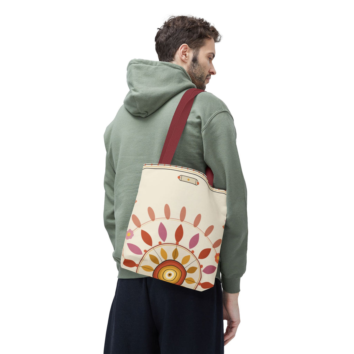 Boho floral mandala tote bag with pastel sunburst pattern, stylish bag by Printify featuring colorful floral and geometric design.