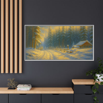 Framed winter cabin canvas print featuring a snowy forest sunset, wall art by Printify showing a serene winter scene.