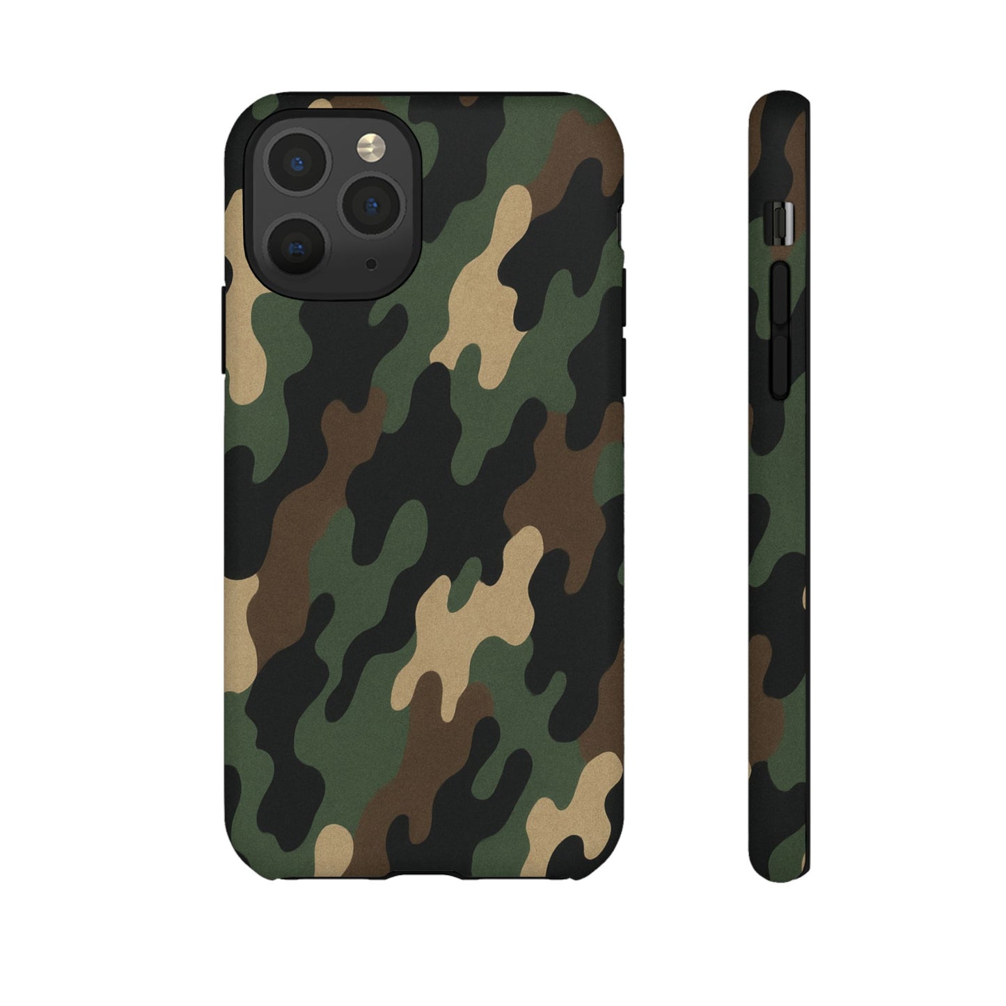 Camouflage tough phone case by Printify showing a rugged, camo design with protective edges for a smartphone.