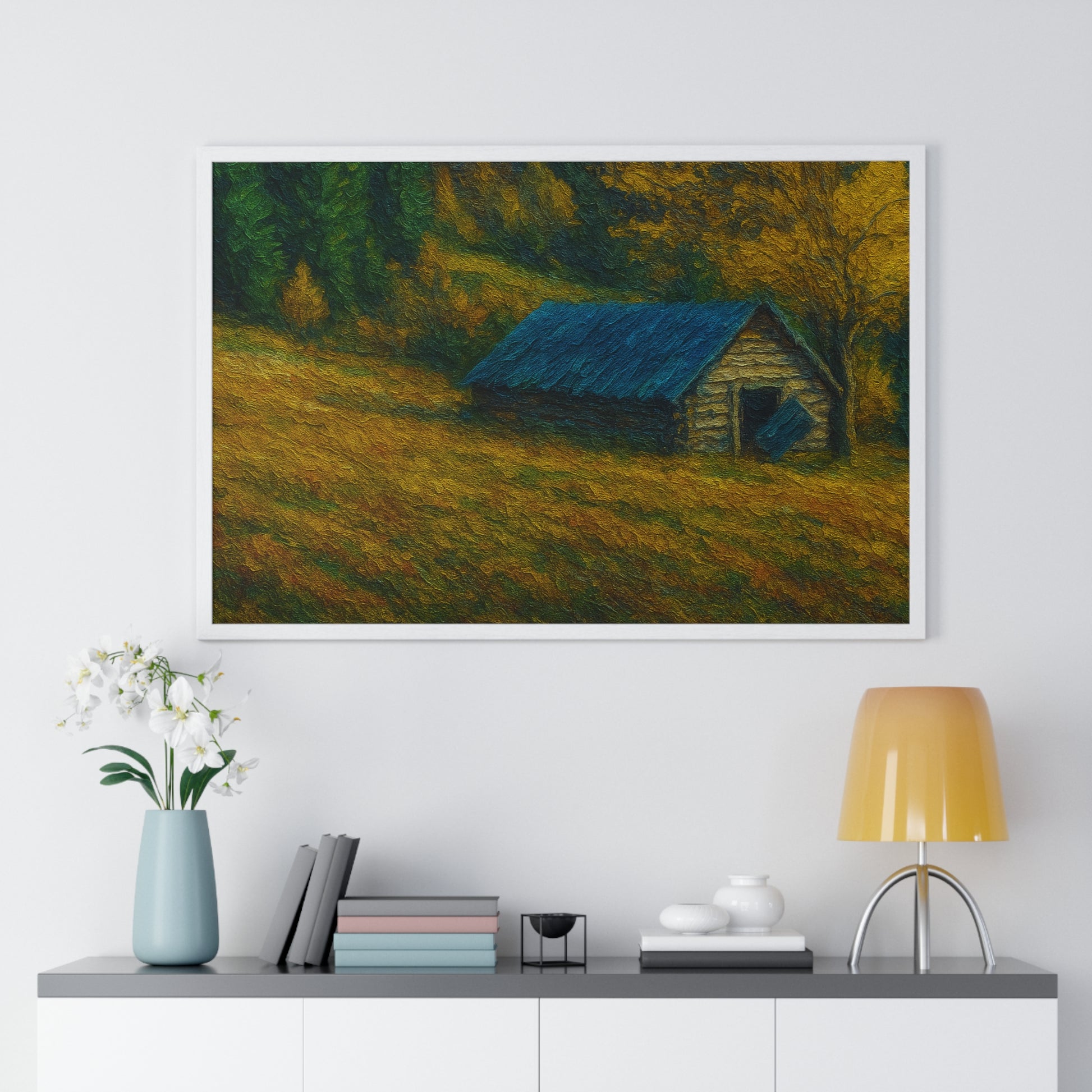 Rustic Cabin Framed Poster, Nature Wall Art, Cozy Home Decor, Gift for Farmhouse Lovers, Autumn Landscape Print - TRV