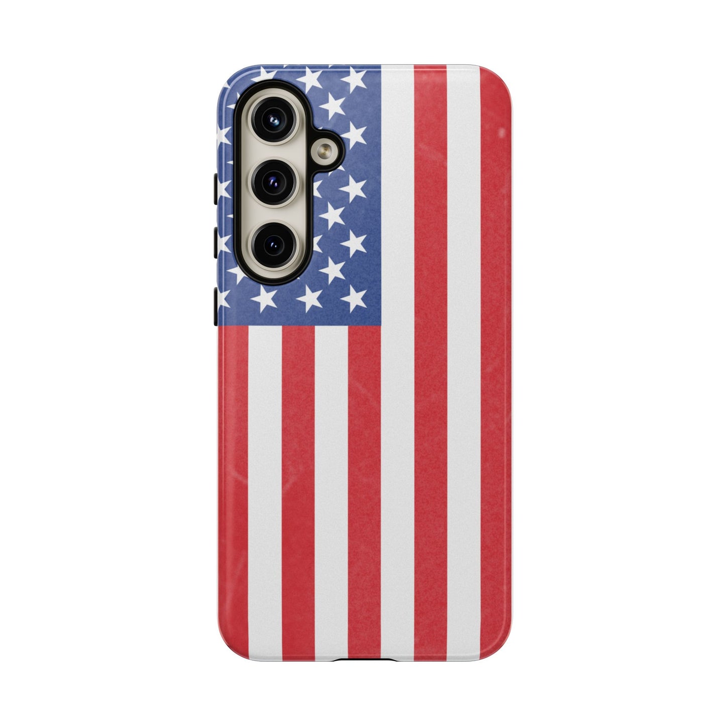 American flag tough phone case for iPhone and Samsung, patriotic protective cover with durable design by Printify.