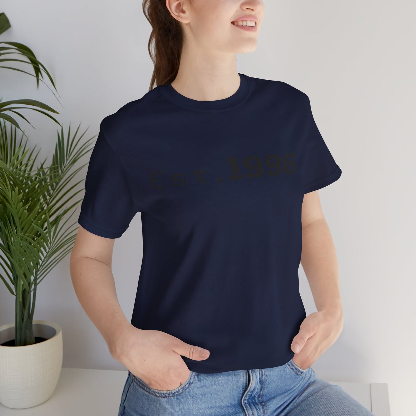 Vintage Est. 1996 T-shirt by Printify featuring retro-style design, perfect for birth year birthday gift, shown on model.