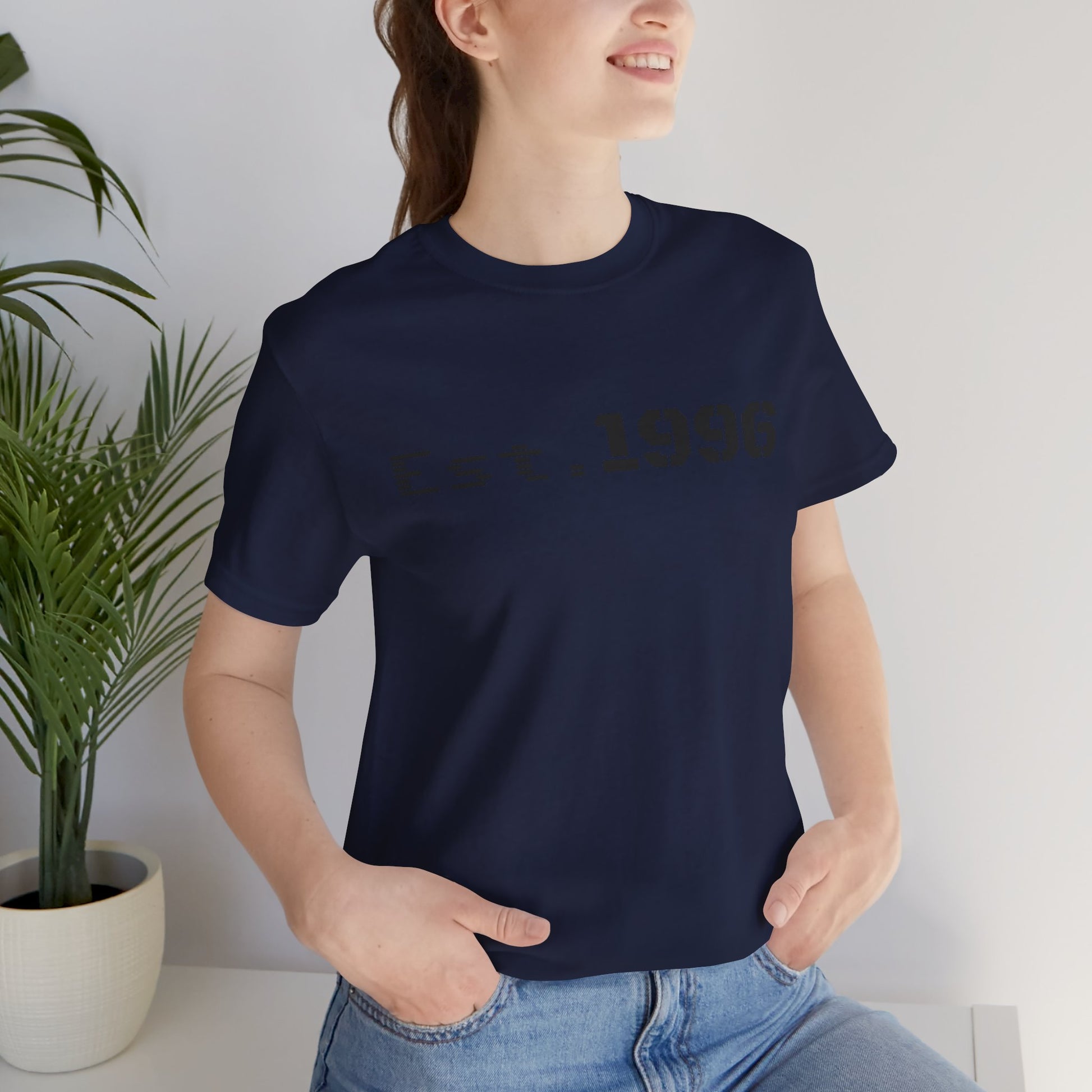 Vintage Est. 1996 T-shirt by Printify featuring retro-style design, perfect for birth year birthday gift, shown on model.