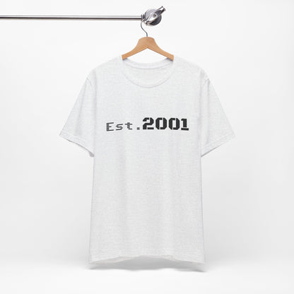 Retro minimalist Est. 2001 graphic T-shirt by Printify, featuring a simple design celebrating the birth year on a casual tee.