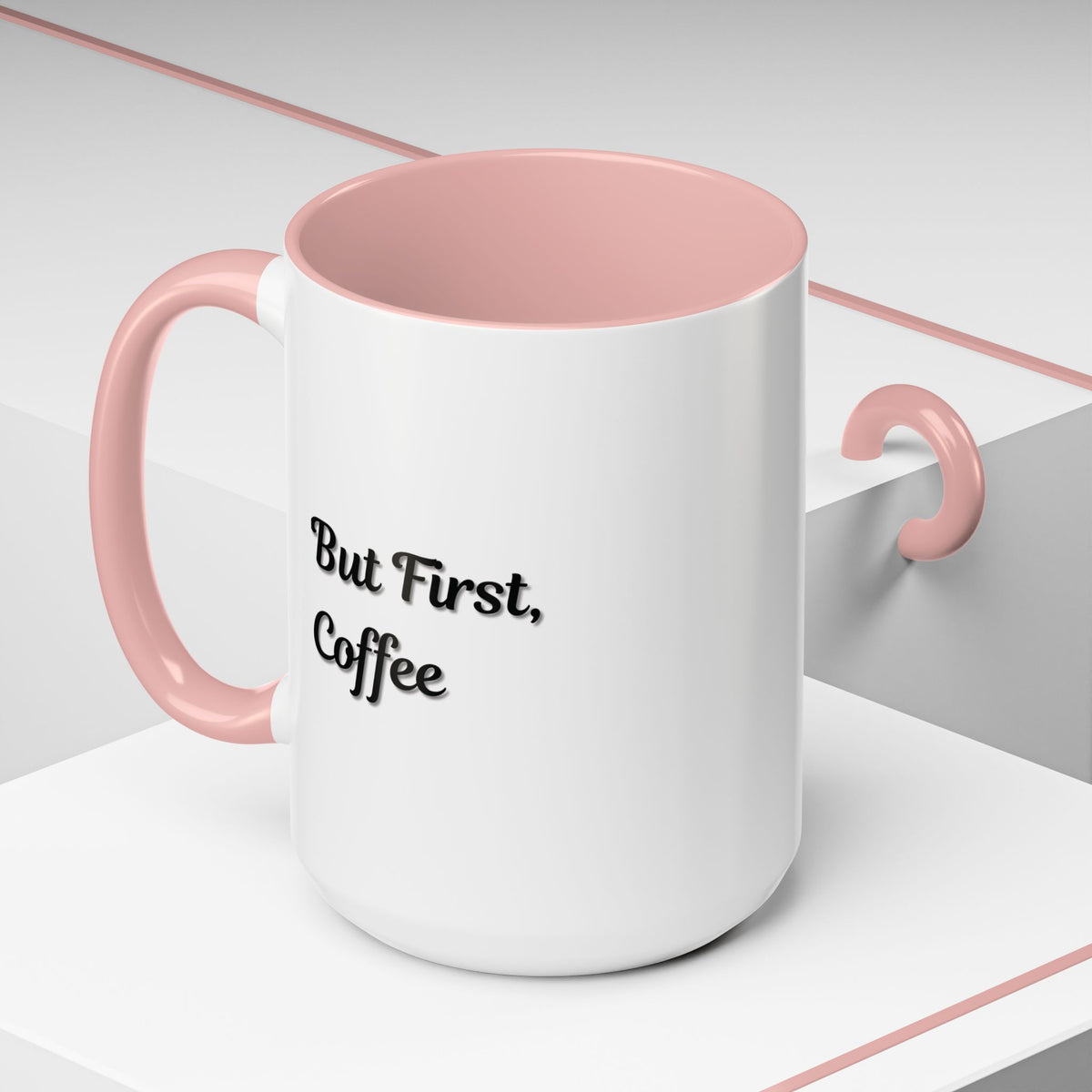 Black handle and rim coffee mug with "But First Coffee" design, 11oz or 15oz size, by Printify.