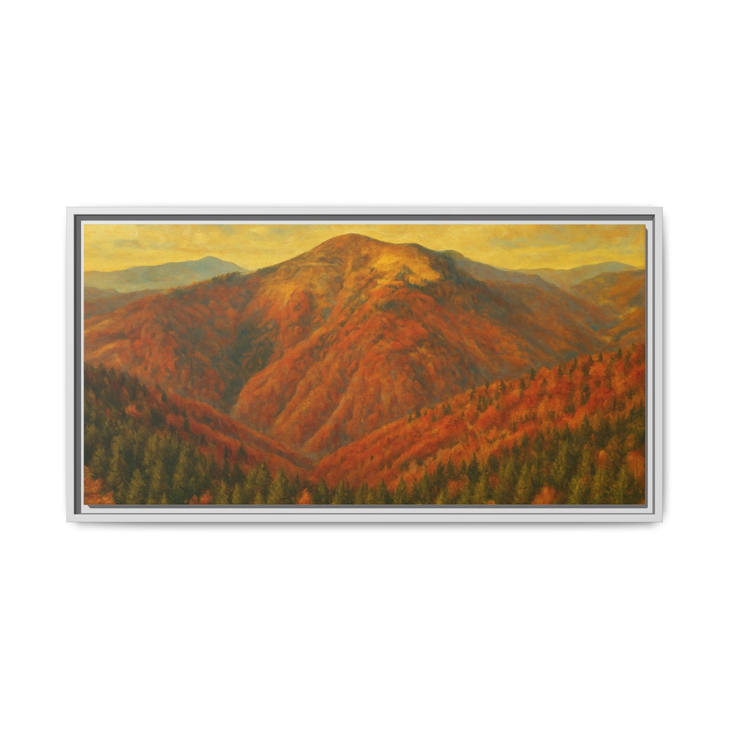 Autumn mountain matte canvas framed wall art by Printify, featuring a scenic mountain landscape with warm autumn colors.