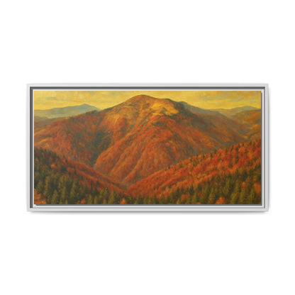 Autumn mountain matte canvas framed wall art by Printify, featuring a scenic mountain landscape with warm autumn colors.