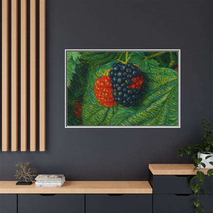 Blackberry still life framed canvas print by Printify showing detailed blackberries on a textured canvas background.