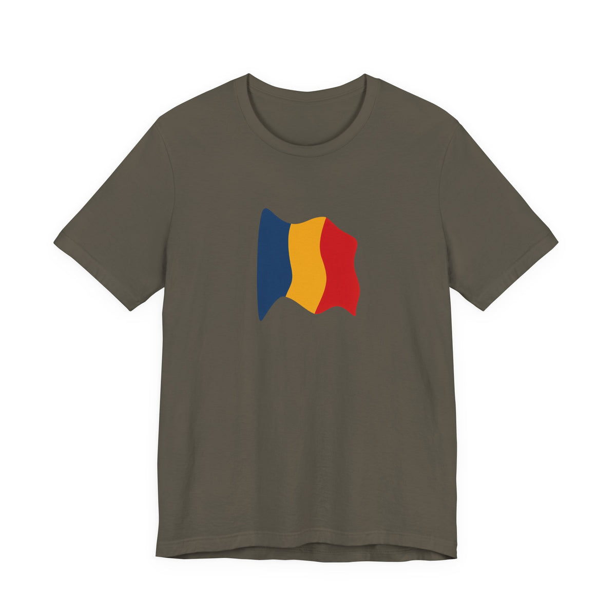 Romania flag T-shirt by Printify featuring a minimal waving tricolor design on a casual tee.