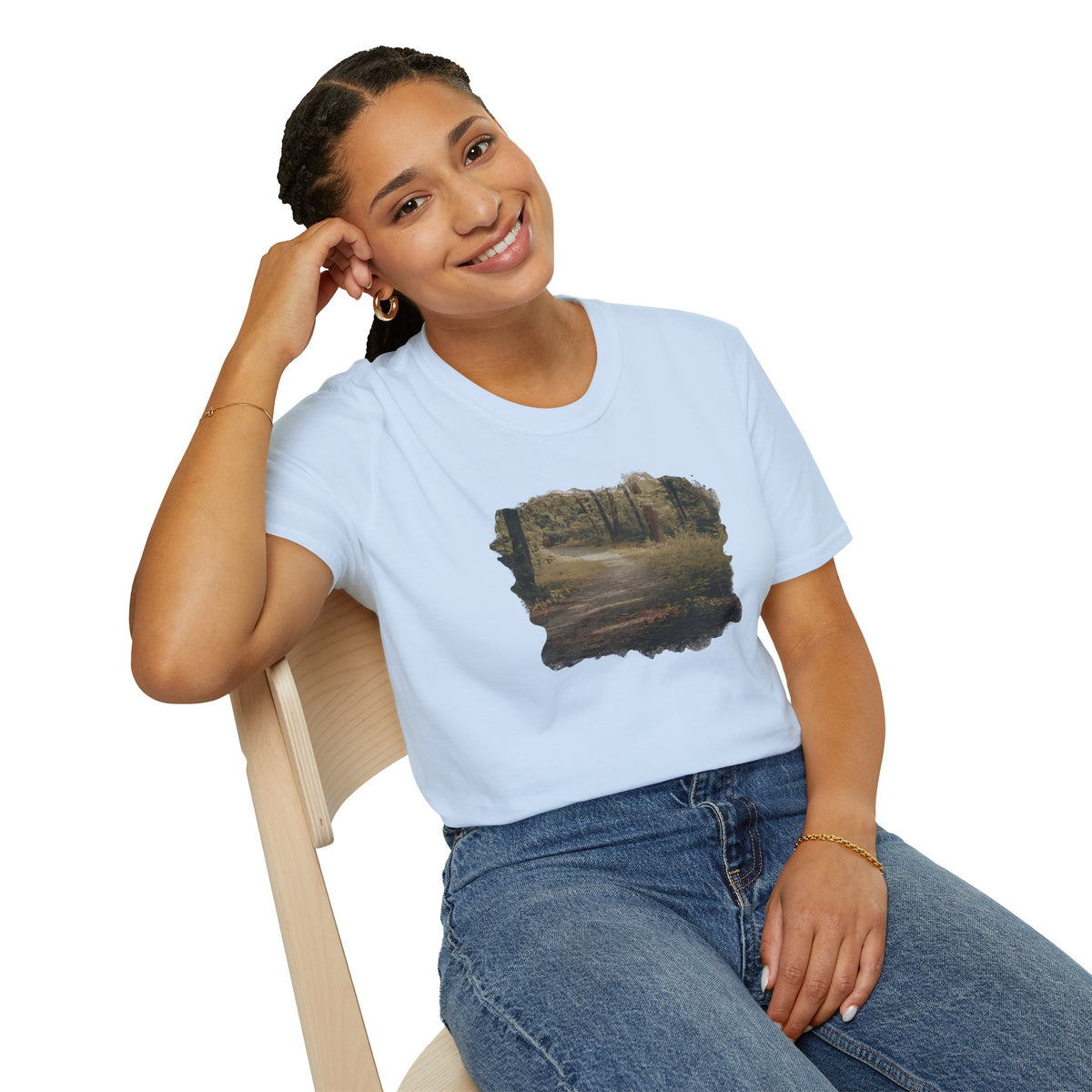 Vintage forest landscape T-shirt by Printify featuring a nature pathway design on a casual cotton tee.